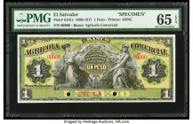 El Salvador Banco Agricola Comercial 1 Peso ND (1890-1917) Pick S101s Specimen PMG Gem Uncirculated 65 EPQ. Red Specimen overprints and two POCs are p...