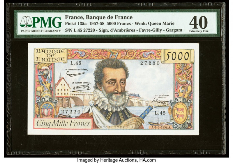 France Banque de France 5000 Francs 6.3.1958 Pick 135a PMG Extremely Fine 40. 

...