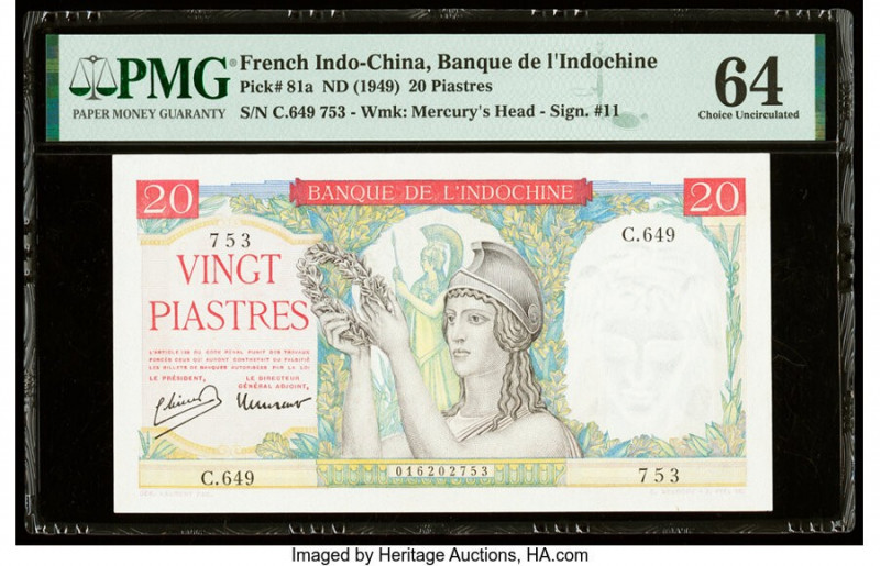 French Indochina Banque de l'Indo-Chine 20 Piastres ND (1949) Pick 81a PMG Choic...