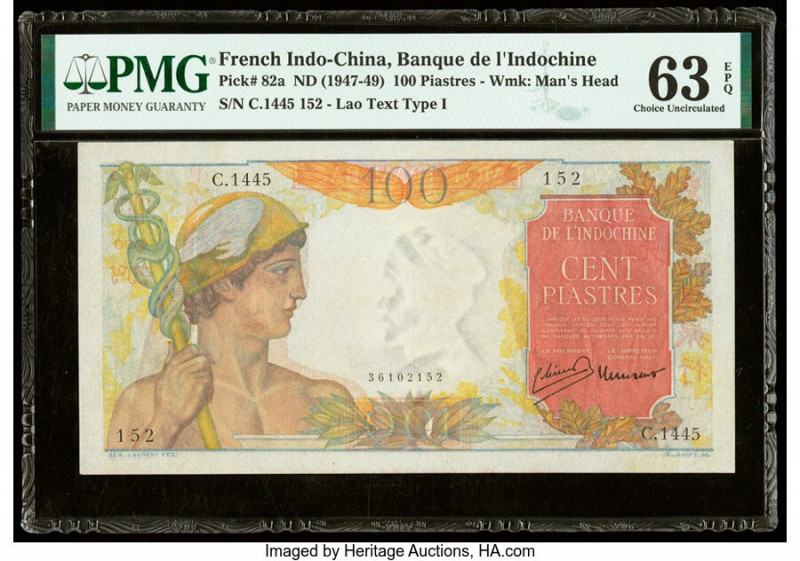 French Indochina Banque de l'Indo-Chine 100 Piastres ND (1947-49) Pick 82a PMG C...