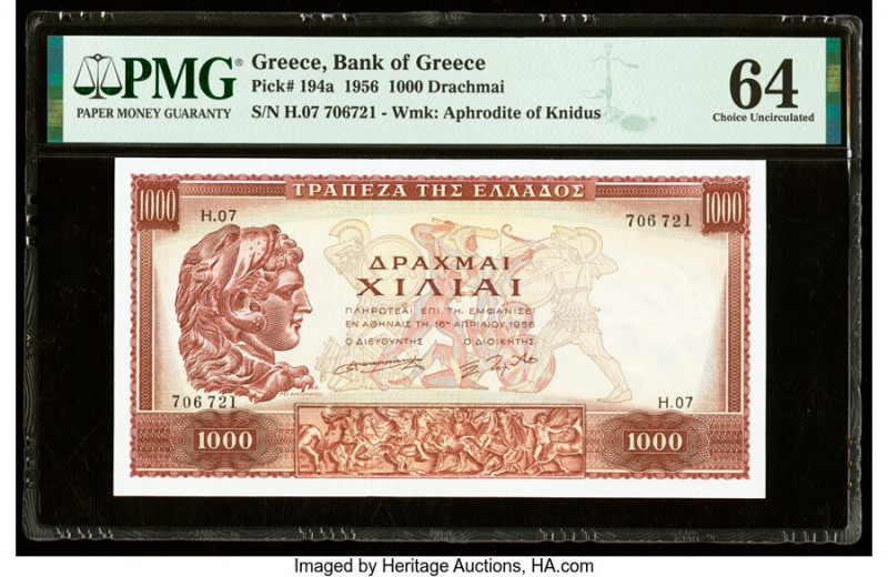 Greece Bank of Greece 1000 Drachmai 1956 Pick 194a PMG Choice Uncirculated 64. 
...