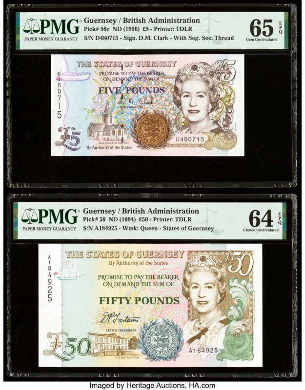 Guernsey States of Guernsey 5; 50 Pounds ND (1996; 1994) Pick 56c; 59 Two Exampl...