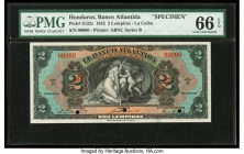 Honduras Banco Atlantida 2 Lempiras 1.7.1932 Pick S122s Specimen PMG Gem Uncirculated 66 EPQ. Red Specimen overprints and three POCs are present on th...