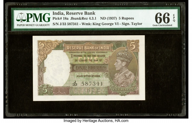 India Reserve Bank of India 5 Rupees ND (1937) Pick 18a Jhun4.3.1 PMG Gem Uncirc...