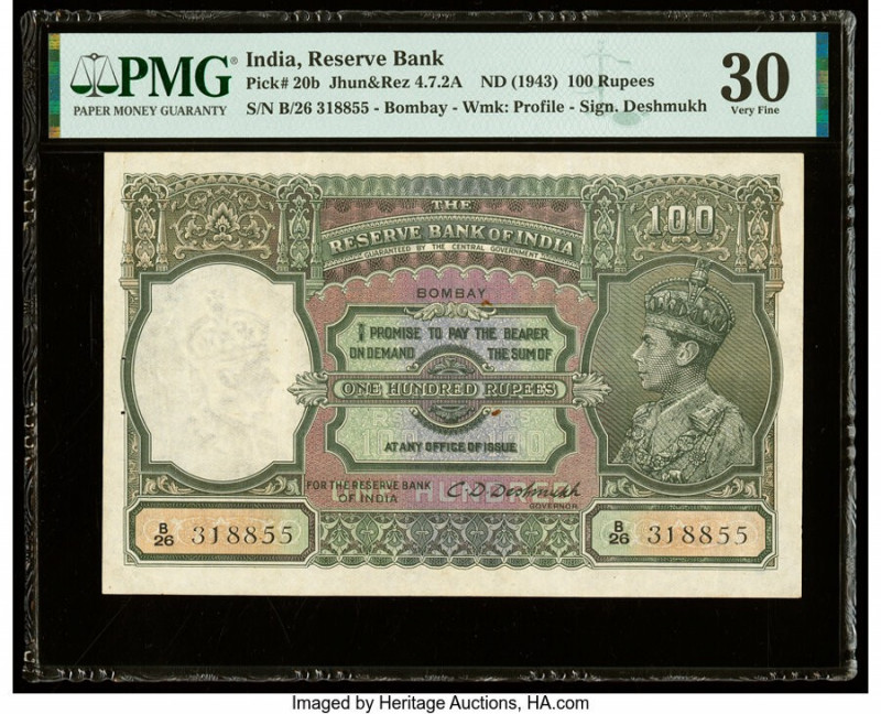 India Reserve Bank of India 100 Rupees ND (1943) Pick 20b Jhun4.7.2A PMG Very Fi...