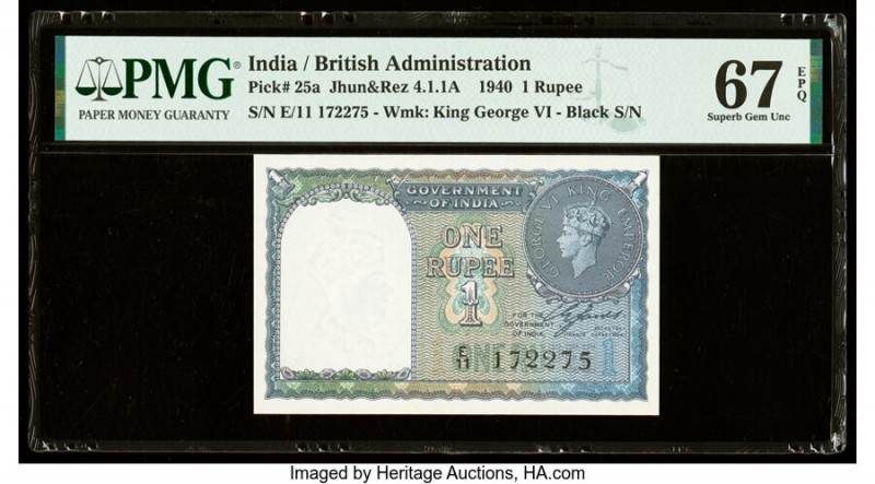 India Government of India 1 Rupee 1940 Pick 25a Jhun4.1.1A PMG Superb Gem Unc 67...
