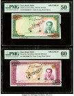 Iran Bank Melli 50; 100 Rials ND (1953) / SH1332 Pick 61s; 62s Two Specimen. PMG About Uncirculated 50; Uncirculated 60. Red Specimen & TDLR overprint...