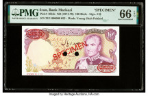 Iran Bank Markazi 100 Rials ND (1974-79) Pick 102ds PMG Gem Uncirculated 66 EPQ. Red Specimen & TDLR overprints and two POCs present.

HID09801242017
...