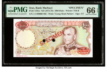 Iran Bank Markazi 1000 Rials ND (1974-79) Pick 105cs Specimen PMG Gem Uncirculated 66 EPQ. Red Specimen & TDLR overprints and two POCs present.

HID09...