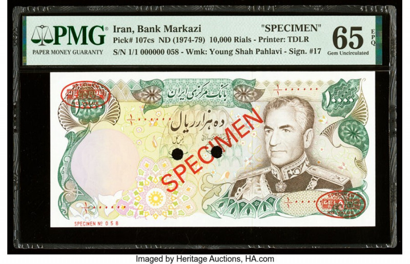 Iran Bank Markazi 10,000 Rials ND (1974-79) Pick 107cs Specimen PMG Gem Uncircul...