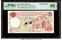Iran Bank Markazi 1000 Rials ND (1981) Pick 129s Specimen PMG Gem Uncirculated 66 EPQ. Red Specimen & TDLR overprints and two POCs present.

HID098012...