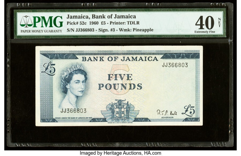 Jamaica Bank of Jamaica 5 Pounds 1960 Pick 52c PMG Extremely Fine 40 Net. This e...