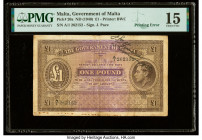 Printing Error Malta Government of Malta 1 Pound ND (1940) Pick 20a PMG Choice Fine 15. Rust and annotation. 

HID09801242017

© 2020 Heritage Auction...