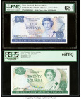 New Zealand Reserve Bank of New Zealand 10; 20 Dollars ND (1981-85); ND (1985-89) Pick 172a; 173b Two Examples PMG Gem Uncirculated 65 EPQ; PCGS Gem N...