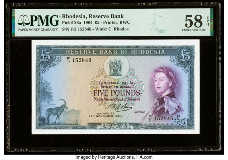 Rhodesia Reserve Bank of Rhodesia 5 Pounds 12.11.1964 Pick 26a PMG Choice About ...