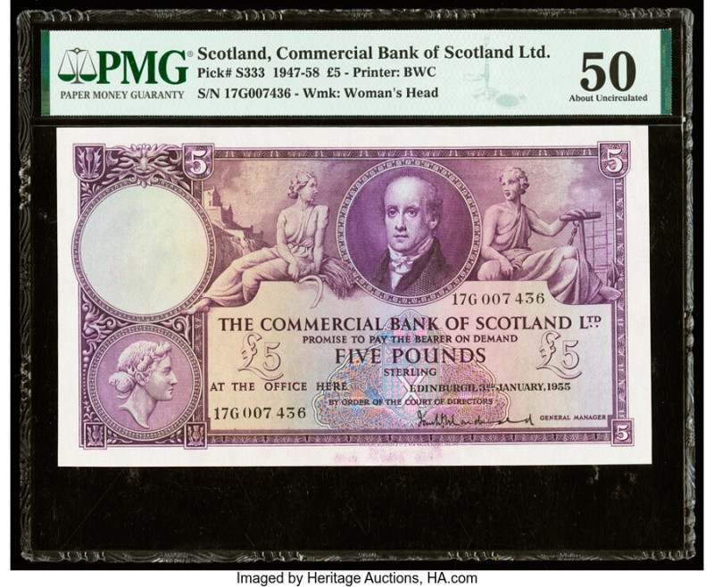 Scotland Commercial Bank of Scotland Ltd. 5 Pounds 3.1.1955 Pick S333 PMG About ...