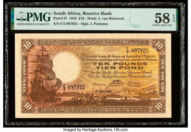 South Africa South African Reserve Bank 10 Pounds 19.4.1943 Pick 87 PMG Choice A...