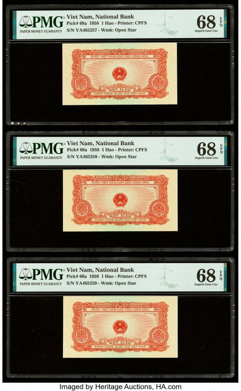 Vietnam National Bank of Viet Nam 1 Hao 1958 Pick 68a Three Consecutive Examples...