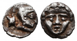 Selge, Pisidia. AR Obol, 3rd Century BC.
Obv. Facing head of Gorgoneion.
Rev. Helmeted head of Athena right, astragal behind.
SNG BN 1930; SNG PFPS...