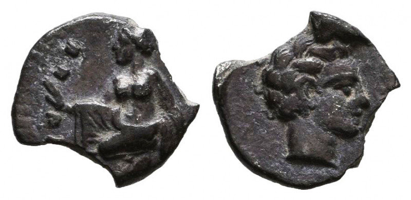 CILICIA, Tarsos. Circa 370 BC. AR Obol. Female kneeling left, casting astragaloi...