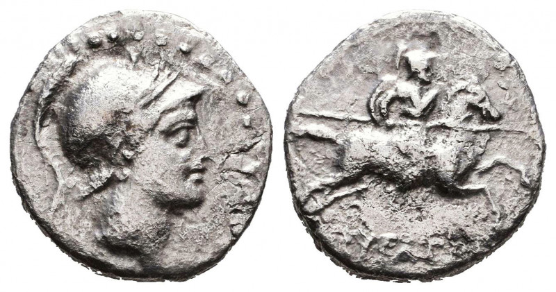 Phrygia. Kibyra 166-84 BC.
Drachm AR
Male bust right, wearing crested helmet /...