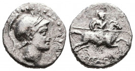 Phrygia. Kibyra 166-84 BC.
Drachm AR
Male bust right, wearing crested helmet / Horseman galloping right, holding couched spear and shield; ÎšÎ™Î’Î¥Î...