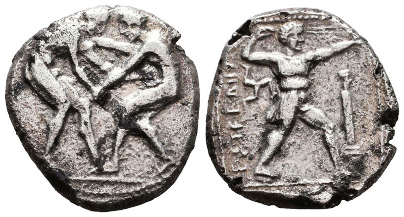 Aspendos , Pamphylia. AR Stater, c. 380-325 BC.
Obv. Two wrestlers; between the...