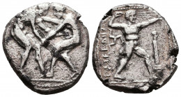 Aspendos , Pamphylia. AR Stater, c. 380-325 BC.
Obv. Two wrestlers; between them, LΦ.
Rev. EΣTFEΔIIY, slinger to right, triskeles in right field.
T...
