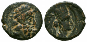 PHOENICIA. Simyra. Ae (2nd Century BC).
Obv: Diademed head of Zeus right.
Rev: Turreted and diademed bust of Tyche right; Z to left; all within wrea...