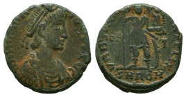 Roman Imperial
Honorius (393-423), AE4, issued 404-408. Rome, third officina.
Obv: DN HONOR–IVS PF AVG; pearl-diademed, draped, cuirassed bust right...