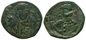 MICHAEL VII Ducas. 1071-1078. Æ Half Follis. Constantinople mint. Facing bust of Christ; stars flanking / Crowned facing bust of Michael, holding laba...