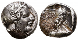 Athens, Attica. AR Tetradrachm, c. 440-420 BC.
Obv. Helmeted head of Athena right.
Rev. Owl standing right, head facing, olive sprig and crescent be...