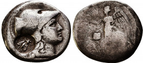 PAMPHYLIA. Side. Circa 205-100 BC. Tetradrachm. Uncertain magistrate, circa 200-190. Head of Athena to right, wearing crested Corinthian helmet; on bo...