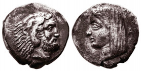Islands off Caria. Kos. ΑΓΗ- (Age-), magistrate circa 345-330 BC. Didrachm AR.Head of Herakles right, wearing lion skin / KΩION, veiled head of Demete...