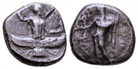 CILICIA, Issos. Tiribazos, Satrap of Lydia. 386-380 BC. AR Stater. Ahura-Mazda, body terminated by solar disk, holding wreath and lotus blossom; AMI l...