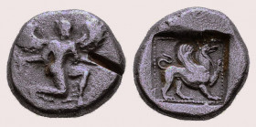 CARIA, Kaunos. Circa 490-470 BC. AR Hemidrachm. Winged female figure running right, looking back / Griffin standing right, foreleg raised, within incu...