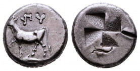 Byzantion , Thrace. AR Siglos c. 340-320 BC. Bull left / quadripartite incuse
Condition: Very Fine



Weight: 5,3 gr
Diameter: 16,6 mm