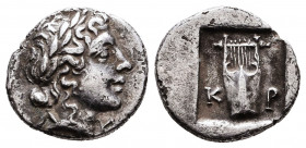 Lykian League, Kragos AR Hemidrachm. Circa 35-30 BC. Laureate head of Apollo right, Λ behind, [Y] before / Kithara of seven strings, K-P across lower ...