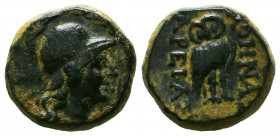 MYSIA. Pergamon. Ae (Circa 133-27 BC).
Obv: Helmeted head of Athena right within wreath.
Rev: AΘHNAΣ / APEIAΣ.
Owl standing right, head facing.
Vo...