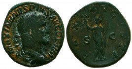 Maximinus I Æ Sestertius. Rome, AD 235-238. IMP MAXIMINVS PIVS AVG GERM, laureate, draped, and cuirassed bust right / PAX AVGVSTI, Pax standing left, ...