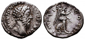 Marcus Aurelius. AD 161-180. AR Denarius. 
Rome mint. Struck AD 174. Laureate and draped bust right / Victory advancing right, holding trophy and wre...