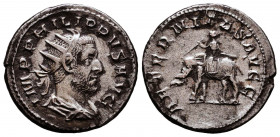 Philippus I. (244-249 AD). AR Antoninianus Roma (Rome), 247-249 AD.
Obv. IM PHILIPPVS AVG, radiate and draped bust right, seen from behind.
Rev. AET...