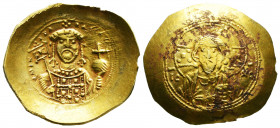 Michael VII Ducas, AV or electrum histamenon trachy. Constantinople, 1071 - 1078 AD. IX-XC to left and right of bust of Christ facing, with nimbus cro...