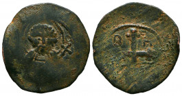 Bohémond I AD 1098-1111. Antioch. Follis Æ
O [Π-Є] to right, TP(ligate)-O-[C] to left, nimbate bust of St. Peter facing, wearing tunic, raising his r...
