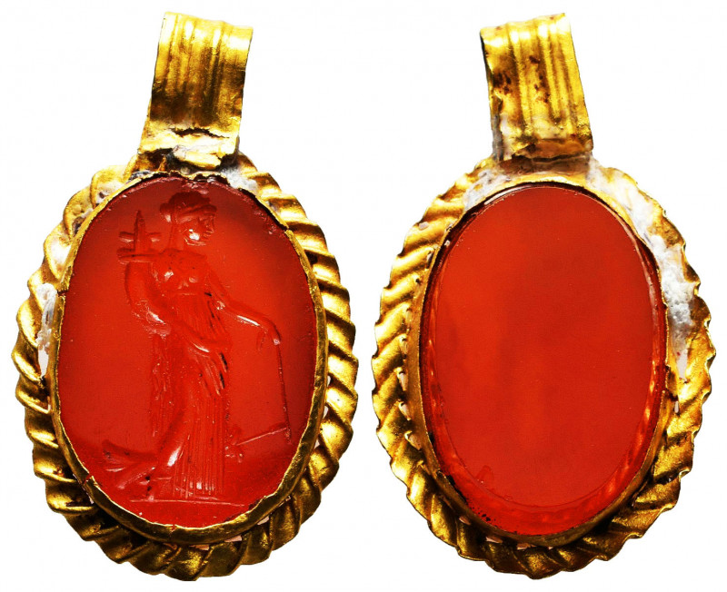 Roman Jasper Fortuna Intaglio in Gold Pendant, c. 1st Century A.D.
Oval red jas...