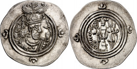 Imperio Sasánida. Año 35 (625 d.C.). Khusru II. MI (Myshan). Dracma. (Mitchiner A. & C. W. 1162 var). 4,15 g. EBC.