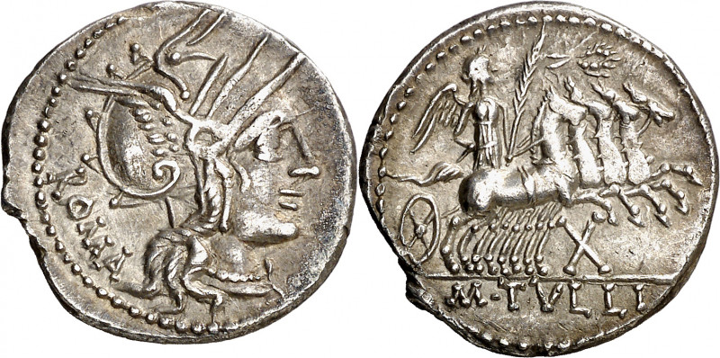 (hacia 120 a.C.). Gens Tullia. Denario. (Bab. 1) (Craw. 280/1). 3,82 g. MBC+.