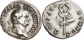 (74 d.C.). Vespasiano. Denario. (Spink 2299) (S. 362) (RIC. 703). 3,19 g. MBC+.