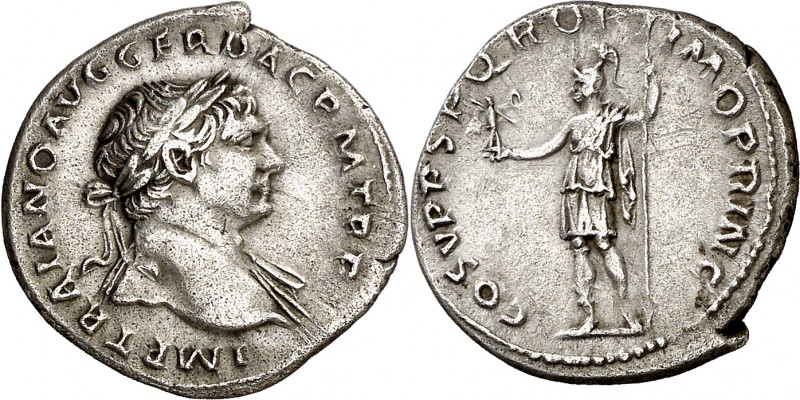 (107 d.C.). Trajano. Denario. (Spink 3120) (S. 68a) (RIC. 115 var). 3,14 g. MBC+...