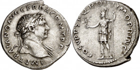 (107 d.C.). Trajano. Denario. (Spink 3120) (S. 68a) (RIC. 115 var). 3,14 g. MBC+.